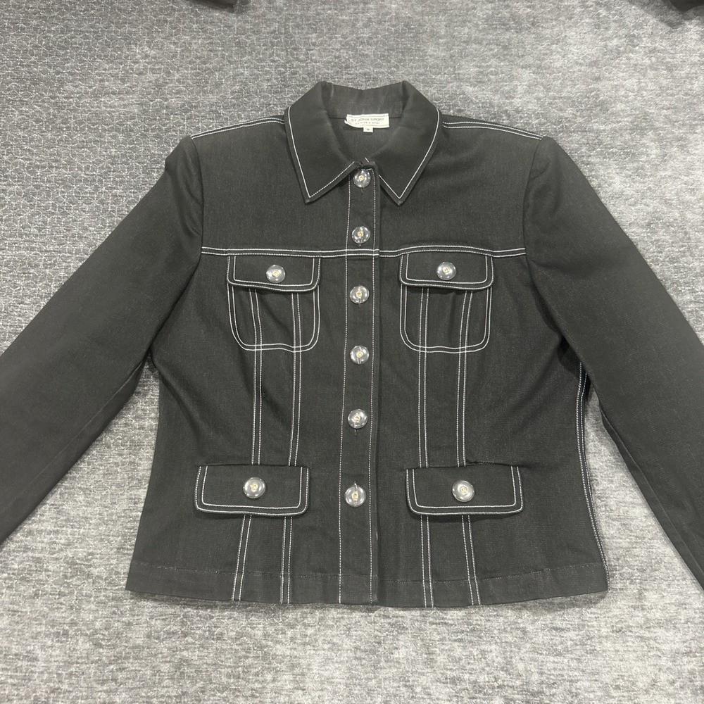 St John Sport Marie Gray Jacket Womens M Black White Contrast Stitch Button